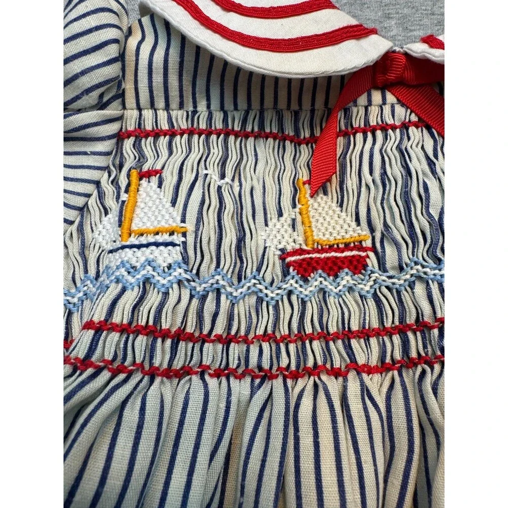 Vintage 1980s Girls Sailor Dress Smocked Nautical Striped Handmade Approx 4T